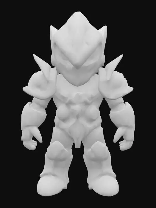 3D model for A stylized, compact chibi-style enemy character designed as a powerful bruiser. Mezalor has a bulky, wide body with short but thick limbs, and a small, slightly oversized head for a toy-like feel — but still fully riggable. His skin or armor is smooth and solid, with deep blue tones and bright glowing orange cracks, as if he's holding back massive inner power. He has no visible face — only a glowing slit, gem, or flat mask. Spikes or bony protrusions on shoulders and arms add menace without clutter. His overall shape is clean, rounded, and slightly exaggerated, like a collectible vinyl figure. The silhouette reads “small but unstoppable,” and the materials are glossy and toy-like — fitting a sci-fi fantasy boss squad.