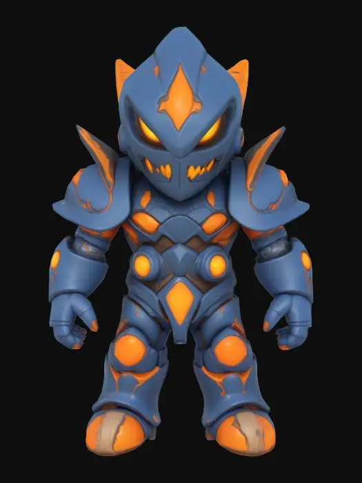 3D model for A stylized, compact chibi-style enemy character designed as a powerful bruiser. Mezalor has a bulky, wide body with short but thick limbs, and a small, slightly oversized head for a toy-like feel — but still fully riggable. His skin or armor is smooth and solid, with deep blue tones and bright glowing orange cracks, as if he's holding back massive inner power. He has no visible face — only a glowing slit, gem, or flat mask. Spikes or bony protrusions on shoulders and arms add menace without clutter. His overall shape is clean, rounded, and slightly exaggerated, like a collectible vinyl figure. The silhouette reads “small but unstoppable,” and the materials are glossy and toy-like — fitting a sci-fi fantasy boss squad.