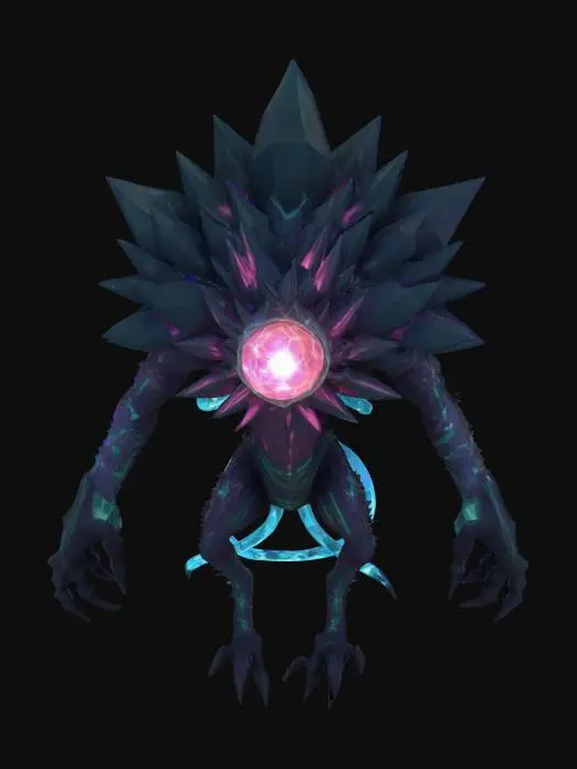 3D model for A 3D stylized enemy creature inspired by living shards. Its body looks like a floating cluster of jagged crystal fragments held together by glowing sinew or energy veins. The core is a pulsing orb of light that emits sparks. Each limb appears as a levitating shard moving independently but coordinated, like it's barely held together. When its health is low, the body begins to crack and rotate erratically before splitting into two smaller, less stable versions. Each clone retains broken pieces of the original, with gaps and asymmetry. Color scheme: obsidian black shards with inner cyan and magenta glow. Movement is jittery and floaty, with light distortion around the core. Looks unstable, like a living explosion waiting to happen.