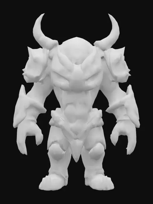3D model for Stylized fantasy game enemy, headless chibi demon, bulky cartoonish proportions, neck ending in cracked black stone with glowing red magma veins, glowing magma core in chest, armored shoulders and arms, made of black cracked stone, low-poly, no head