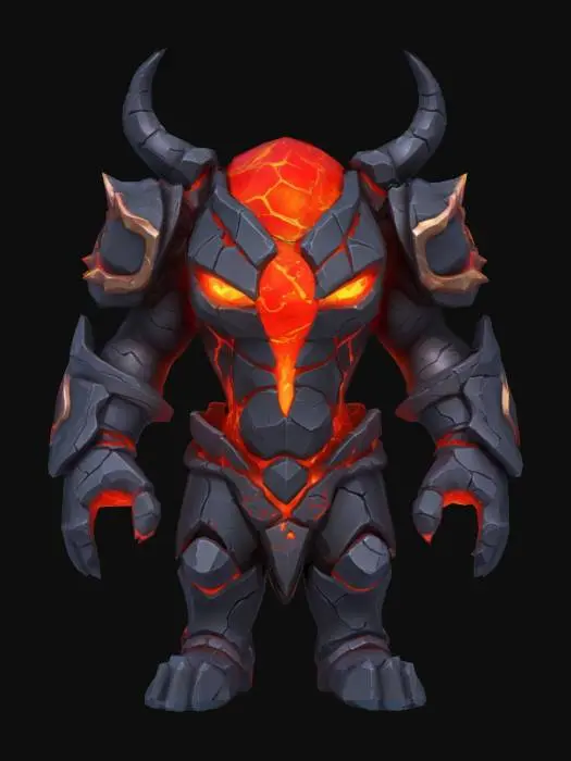 3D model for Stylized fantasy game enemy, headless chibi demon, bulky cartoonish proportions, neck ending in cracked black stone with glowing red magma veins, glowing magma core in chest, armored shoulders and arms, made of black cracked stone, low-poly, no head