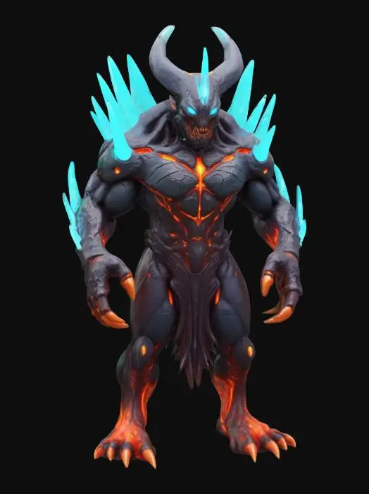 3D model for "Stylized alien-demon hybrid enemy creature for a fantasy sci-fi game, with glowing crystal armor and sharp claws. Bioluminescent eyes and chest, with molten lava-like veins under dark rocky skin. Medium-sized humanoid form with exaggerated proportions, ready for animation. Hand-painted textures, emissive elements, game-ready PBR model. Design inspired by elemental energy and insect-like exoskeletons