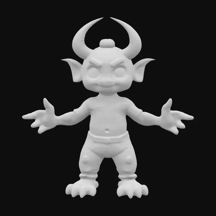 3D model for cartoon style, toon shaded, humanoid male creature in T-pose, exaggerated mix of demonic and angelic traits, one oversized black curved horn and a flickering glowing halo, glowing celestial and infernal symbols etched across chest and limbs, wearing only tattered cartoonish pants, stylized non-human proportions (long limbs, large hands, exaggerated torso), soft yet intense animated face, kind and haunting cartoon eyes, hyper-surreal vibe, strong contrast of dark and light, clean bold outlines