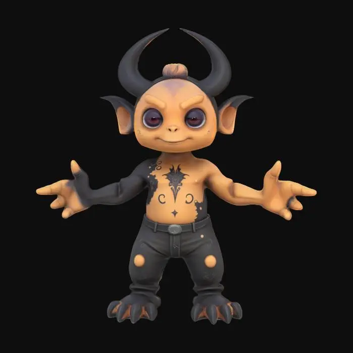 3D model for cartoon style, toon shaded, humanoid male creature in T-pose, exaggerated mix of demonic and angelic traits, one oversized black curved horn and a flickering glowing halo, glowing celestial and infernal symbols etched across chest and limbs, wearing only tattered cartoonish pants, stylized non-human proportions (long limbs, large hands, exaggerated torso), soft yet intense animated face, kind and haunting cartoon eyes, hyper-surreal vibe, strong contrast of dark and light, clean bold outlines