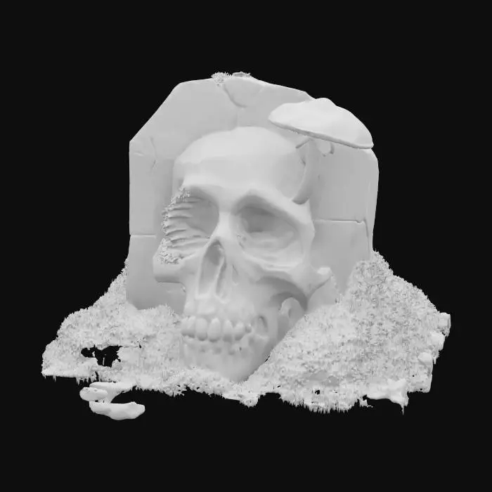3D model for A cracked gravestone covered in moss, next to a half-buried human skull with a single glowing mushroom sprouting from the eye socket, low-poly, stylized, lo-fi dark fantasy