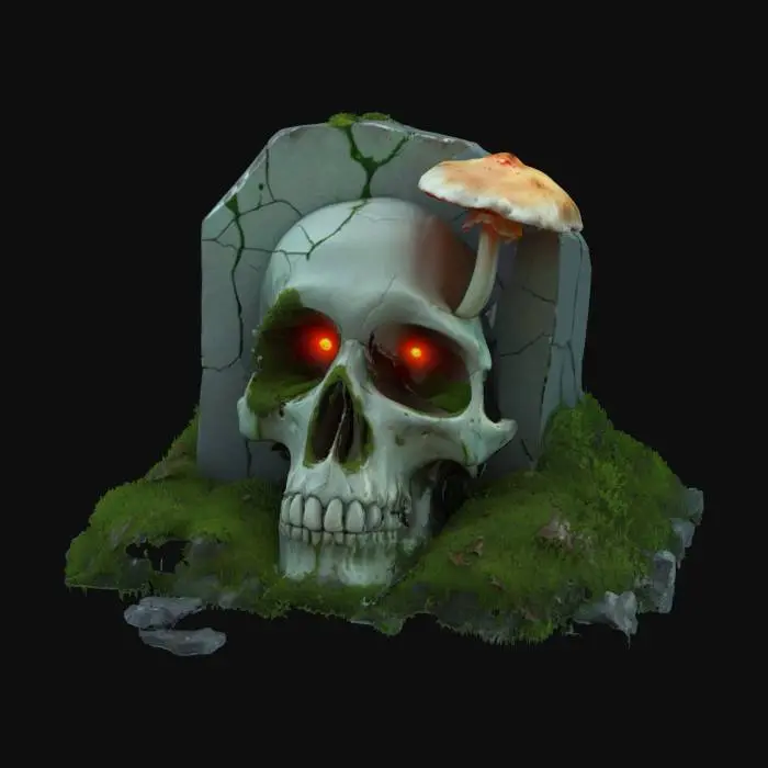 3D model for A cracked gravestone covered in moss, next to a half-buried human skull with a single glowing mushroom sprouting from the eye socket, low-poly, stylized, lo-fi dark fantasy