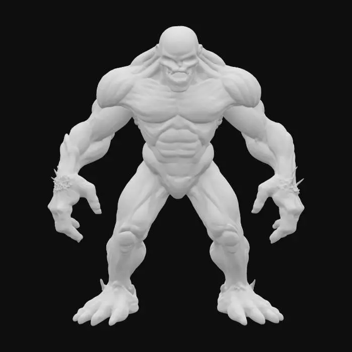 3D model for A colossal humanoid sculpted from layers of cracked, bulging clay, with overdeveloped limbs and a ribcage bursting outward in sharp, uneven ridges.