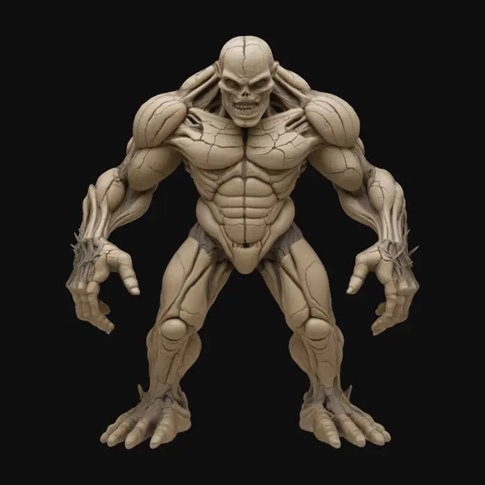 3D model for A colossal humanoid sculpted from layers of cracked, bulging clay, with overdeveloped limbs and a ribcage bursting outward in sharp, uneven ridges.