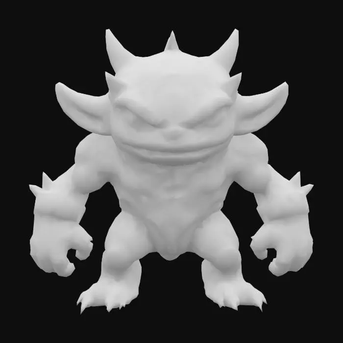 3D model for A stylized, compact chibi-style enemy character designed as a powerful bruiser. Mezalor has a bulky, wide body with short but thick limbs, and a small, slightly oversized head for a toy-like feel — but still fully riggable. His skin or armor is smooth and solid, with deep blue tones and bright glowing orange cracks, as if he's holding back massive inner power. He has no visible face — only a glowing slit, gem, or flat mask. Spikes or bony protrusions on shoulders and arms add menace without clutter. His overall shape is clean, rounded, and slightly exaggerated, like a collectible vinyl figure. The silhouette reads “small but unstoppable,” and the materials are glossy and toy-like — fitting a sci-fi fantasy boss squad.