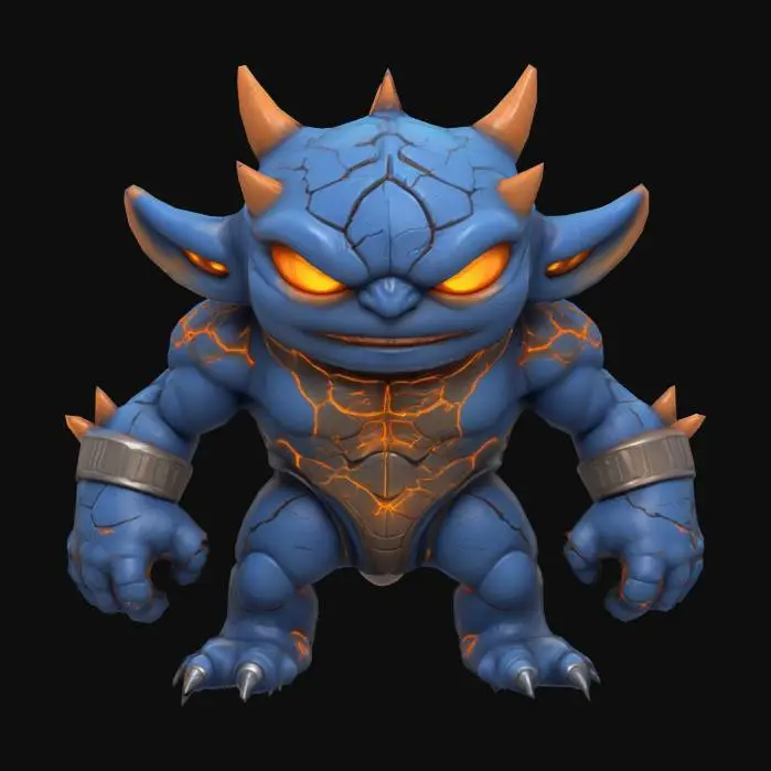 3D model for A stylized, compact chibi-style enemy character designed as a powerful bruiser. Mezalor has a bulky, wide body with short but thick limbs, and a small, slightly oversized head for a toy-like feel — but still fully riggable. His skin or armor is smooth and solid, with deep blue tones and bright glowing orange cracks, as if he's holding back massive inner power. He has no visible face — only a glowing slit, gem, or flat mask. Spikes or bony protrusions on shoulders and arms add menace without clutter. His overall shape is clean, rounded, and slightly exaggerated, like a collectible vinyl figure. The silhouette reads “small but unstoppable,” and the materials are glossy and toy-like — fitting a sci-fi fantasy boss squad.