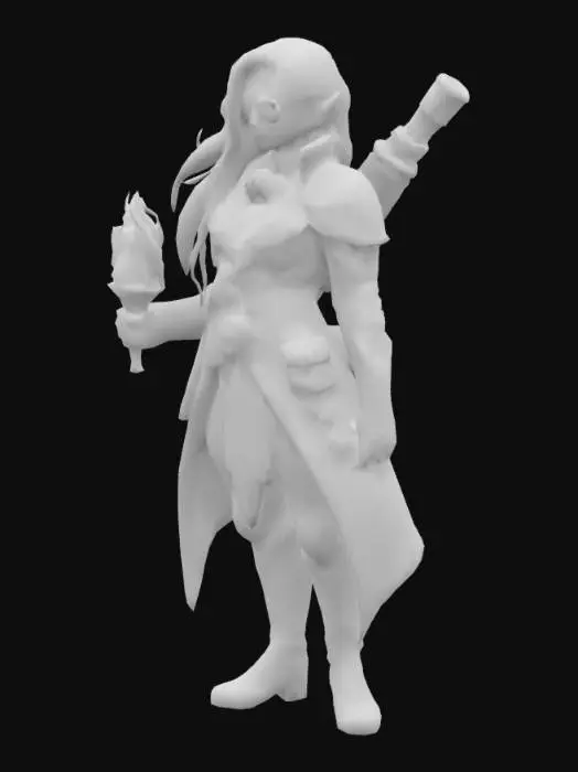 3D model for Zelda beautiful woman Dressed style assassin's creed, steampunk, Zelda with a torch goes, The image features a person with smooth, flowing hair, a textured, shimmering garment, set against a vibrant, fiery abstract background with swirling light patterns.