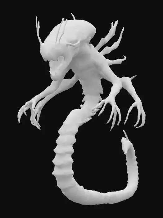 3D model for Bio-mutant life form, has an exoskeleton and a slick, worm-ish, serpentine body, Fragile limbs are covered with sparse purple chitin carapace, brain is exposed at the back of it's head, has no eyes, has sharp teeth, has tendrils running along it's body, #game figure#
