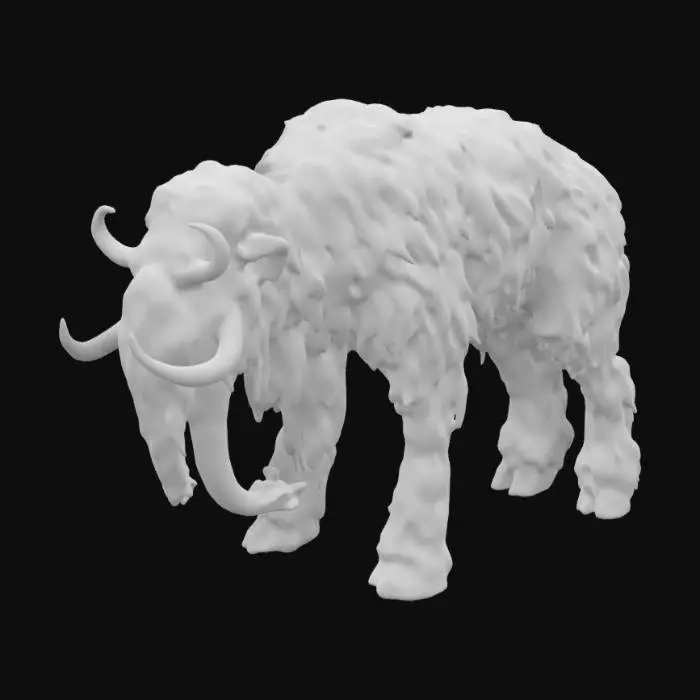 3D model for The object is a towering, 4 legged animal figure, like a mammoth, with a shaggy, uneven texture resembling moss or foliage, featuring antler-like protrusions and a rough, organic form. It's body is covered in moss and foliage. It has disproportionate front legs.