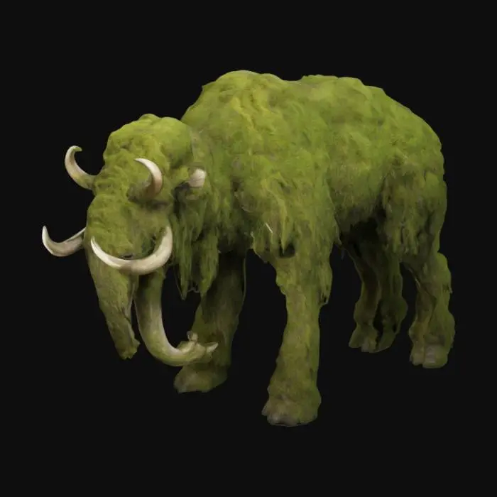 3D model for The object is a towering, 4 legged animal figure, like a mammoth, with a shaggy, uneven texture resembling moss or foliage, featuring antler-like protrusions and a rough, organic form. It's body is covered in moss and foliage. It has disproportionate front legs.