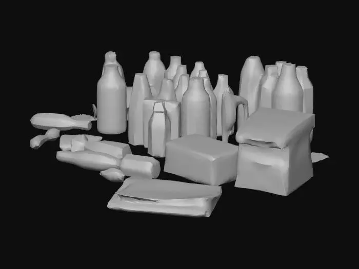 3D model for A collection of game-ready, medium-polygon 3D models for various discarded medical debris, reflecting a realistic, gritty, and post-apocalyptic hospital aesthetic. This includes several small, cylindrical amber glass medicine bottles with faded labels, crumpled white medical papers, and flattened cardboard boxes. All items appear dusty, dirty, and randomly scattered on a grimy floor, optimized for instancing.