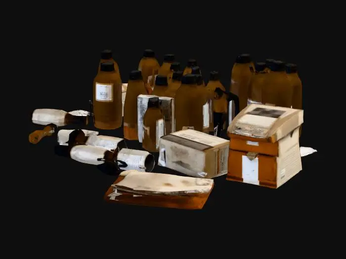 3D model for A collection of game-ready, medium-polygon 3D models for various discarded medical debris, reflecting a realistic, gritty, and post-apocalyptic hospital aesthetic. This includes several small, cylindrical amber glass medicine bottles with faded labels, crumpled white medical papers, and flattened cardboard boxes. All items appear dusty, dirty, and randomly scattered on a grimy floor, optimized for instancing.