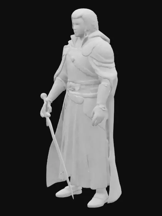 3D model for A dignified male warrior, appearing in his late 20s, with a symmetrical, chiseled face. His long silver-white hair is loosely tied back, with soft strands framing his high cheekbones and strong jawline. Piercing golden eyes, set deep with a wise and intense gaze, hold subtle crow's feet from past battles. A calm, subtly determined expression graces his lips. He wears layered deep indigo and crimson ceremonial robes, richly embroidered with ancient symbols and coiling dragons, enhanced by ornate shoulder and waist armor. A glowing jade longsword is held firmly.