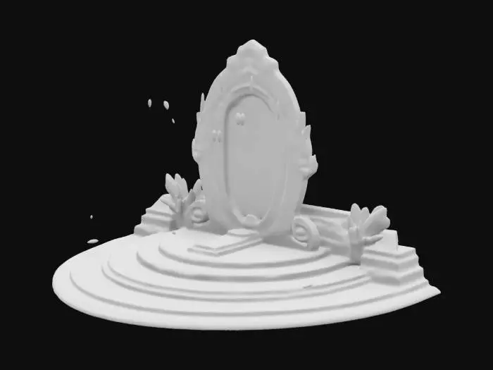 3D model for "Create a mystical ethereal environment with:
- Floating crystal platforms in a 500x500 space
- Ethereal white/blue lighting (ambient: #ffffff, intensity: 0.8)
- Floating memory particles (#e0e7ff)
- Two main features:
  1. Mirror of Self: Large ornate mirror with customization UI
  2. Wardrobe of Possibilities: Equipment preview area
- Ambient sounds: gentle_ambience, ethereal_whispers"