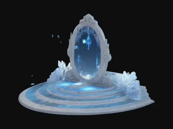3D model for "Create a mystical ethereal environment with:
- Floating crystal platforms in a 500x500 space
- Ethereal white/blue lighting (ambient: #ffffff, intensity: 0.8)
- Floating memory particles (#e0e7ff)
- Two main features:
  1. Mirror of Self: Large ornate mirror with customization UI
  2. Wardrobe of Possibilities: Equipment preview area
- Ambient sounds: gentle_ambience, ethereal_whispers"