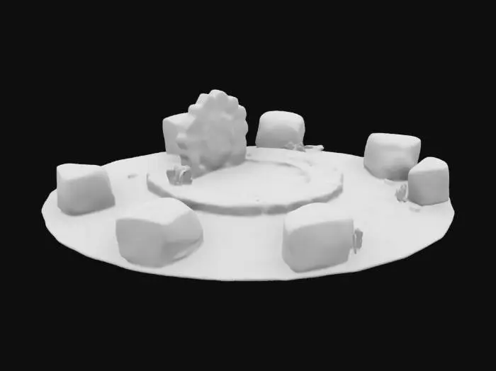 3D model for "Create a 2600x2600 ancient forest environment:
- Druid's Circle for nature rituals
- Mead Hall of Legends for storytelling
- Environment:
  - Green-tinted lighting (#88cc44)
  - Forest ambient light (#224422)
  - Fog effects (#334422)
  - Particle effects:
    - Fireflies
    - Falling leaves"