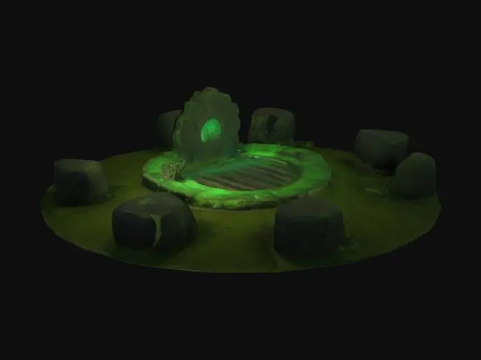 3D model for "Create a 2600x2600 ancient forest environment:
- Druid's Circle for nature rituals
- Mead Hall of Legends for storytelling
- Environment:
  - Green-tinted lighting (#88cc44)
  - Forest ambient light (#224422)
  - Fog effects (#334422)
  - Particle effects:
    - Fireflies
    - Falling leaves"