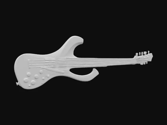 3D model for "A realistic 3D model of a heavy bass guitar. The bass should have a solid body with a powerful, imposing design. It should have four strings, thick tuning pegs, and a wide neck with prominent frets. The finish should be sleek and modern, reflecting its 'common' rarity but with a hint of aggressive styling.  High detail is needed, emphasizing the density and weight of the instrument."