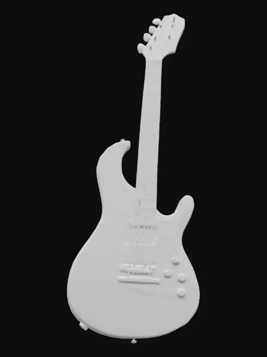 3D model for A realistic 3D model of a basic electric guitar. The guitar should have a standard shape with six strings, a wooden body, a neck with frets, and a headstock with tuning pegs. The guitar should have a common finish, appropriate for a 'common' rarity level. The level of detail should be high, with a focus on textures and materials.