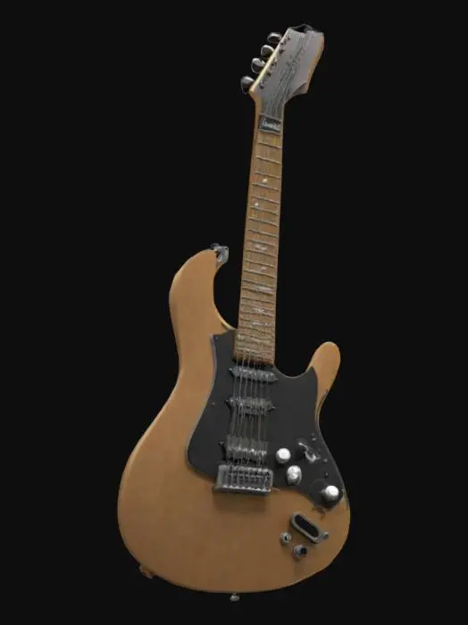 3D model for A realistic 3D model of a basic electric guitar. The guitar should have a standard shape with six strings, a wooden body, a neck with frets, and a headstock with tuning pegs. The guitar should have a common finish, appropriate for a 'common' rarity level. The level of detail should be high, with a focus on textures and materials.