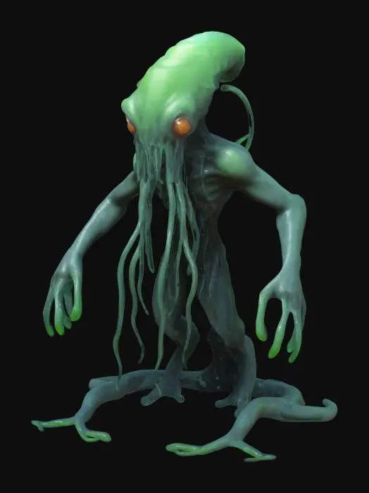 3D model for "A bioluminescent alien with tentacles dripping with slime, lurking in a dark cave. Rendered in Zbrush with realistic textures."