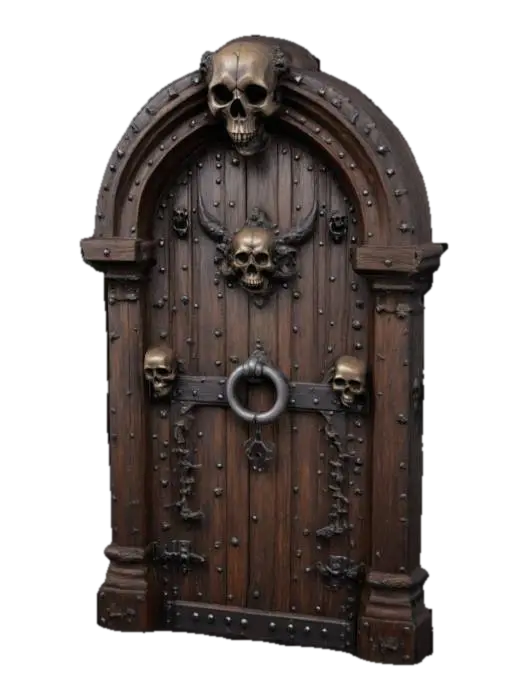 "A tall, narrow door in dark wood with carvings of skulls and bones, iron fittings… 3D model, vytvořený pomocí AI