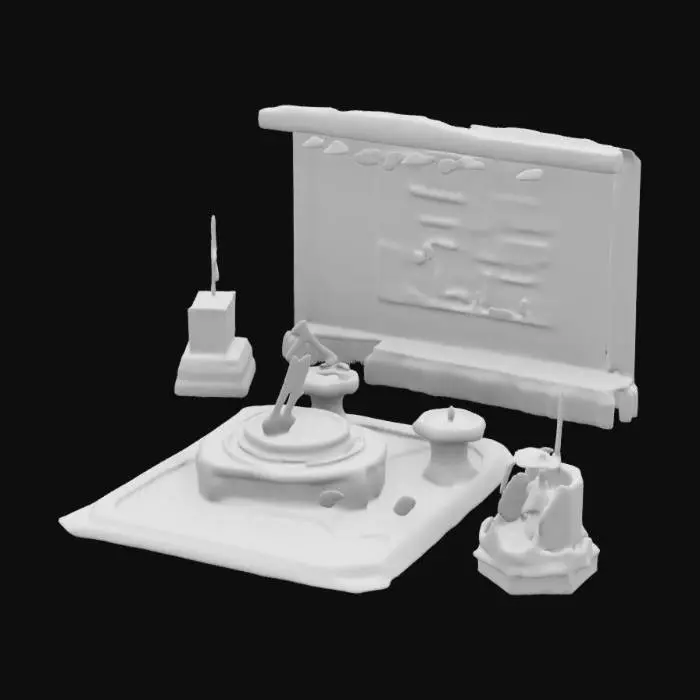 3D model for "Design a fantasy equipment display area featuring:
- Floating equipment pedestals
- Ethereal light beams highlighting items
- Crystal-based display cases
- Holographic item preview system"