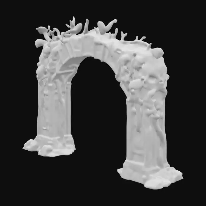 3D model for "A colossal archway composed entirely of trapped souls, their anguished faces swirling in an ethereal vortex.  Chains of tormented spirits bind the door, their wails echoing from within. Style:  haunting and tragic, emphasizing the despair and suffering of the damned."