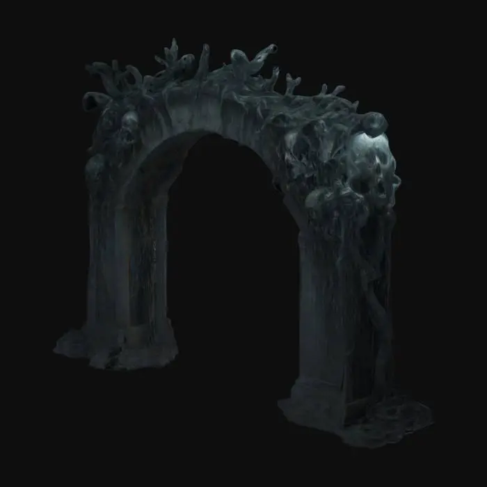 3D model for "A colossal archway composed entirely of trapped souls, their anguished faces swirling in an ethereal vortex.  Chains of tormented spirits bind the door, their wails echoing from within. Style:  haunting and tragic, emphasizing the despair and suffering of the damned."
