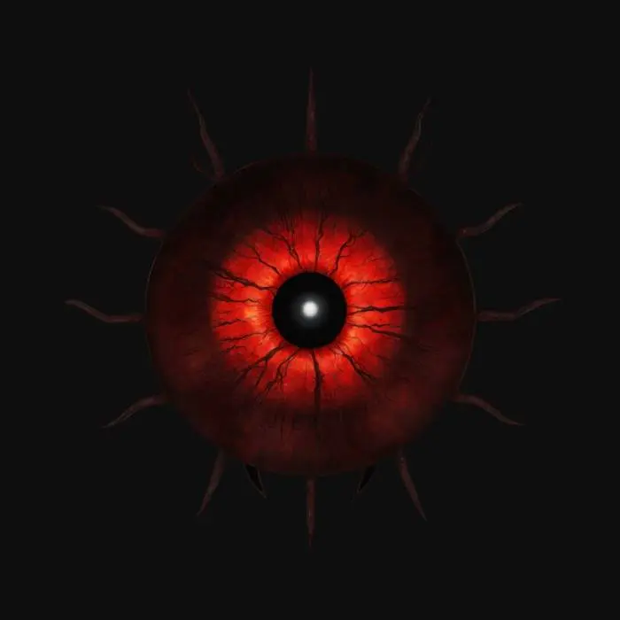 3D model for "A giant, bloodshot eye glares from the center of this demonic portal.  The iris pulsates with malevolent energy, and the gaze follows the viewer's every move. Style:  intimidating and unsettling, emphasizing surveillance and paranoia."