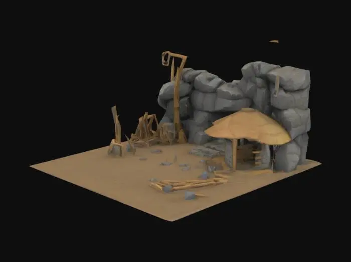 3D model for Создай для игры в жанре стратегии каменоломню она должна быть так скажем вросшей в большой камень в самом камне должна быть только шахта и различные строительные пристройки а рядом с ней небольшая пристройка с домиком и хранилищем камней и сделай ее с небольшим количеством вершин