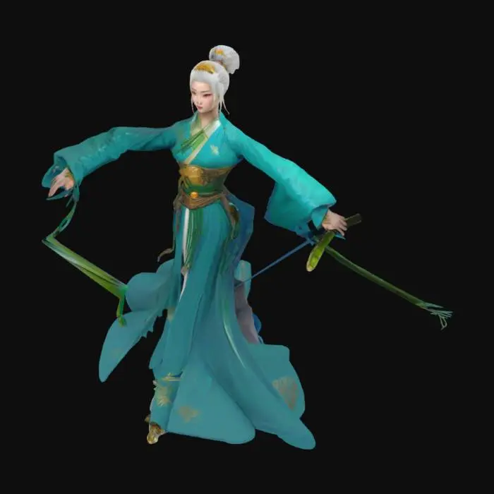 3D model for 人物设定:
「清冷孤傲的江湖女侠,眉目如霜,眸光似刃,身形颀长立于苍翠竹海之间。青丝高绾凌云髻,发间斜坠一支点翠鎏金凤首步摇,凤喙衔珠,随风轻颤,冷冽中透出矜贵之气。
服饰细节:
「一袭青花瓷蓝绸缎长袍,衣料如釉色流动,衣襟与袖口缀以玄铁鳞甲,暗藏锋芒;袍摆银线云纹随步履翻涌,似山间雾霭缭绕。腰间束玄色革带,悬一枚螭纹青铜令牌,隐现江湖身份。
武器与动态:
「左手持玄铁长剑,剑鞘镌刻《山海经》异兽夔纹,肃杀凛然;右手轻按剑柄,指节修长如玉,姿态似蓄势之鹤。衣袂迎风扬起,层叠绸纱如浪,与身后氤氲晨雾融为一体。」
场景意境:
「背景为泼墨写意竹林,竹叶簌簌如雨,林间晨光穿透薄雾,在她周身晕染出青黛色光晕。足下苔石生寒,几片竹叶沾于袍角,平添江湖漂泊之意。」
风格融合:
「工笔勾勒面容之精致,水墨渲染场景之空灵,岩彩点染服饰釉色与金饰流光。武将玄甲与文人云纹共铸风骨,恰似诗中『银鞍照白马,飒沓如流星』的飒然,却糅合了『天青色等烟雨』的古典温润。」