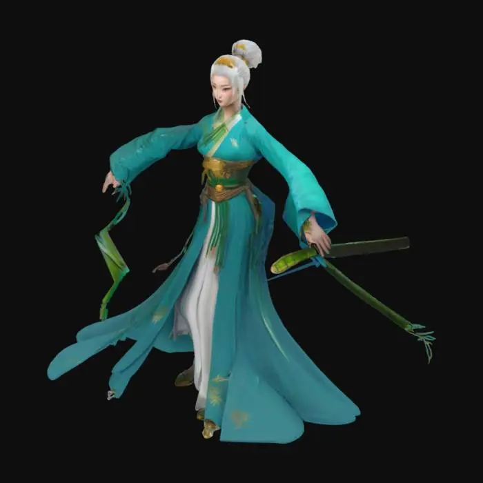 3D model for 人物设定:
「清冷孤傲的江湖女侠,眉目如霜,眸光似刃,身形颀长立于苍翠竹海之间。青丝高绾凌云髻,发间斜坠一支点翠鎏金凤首步摇,凤喙衔珠,随风轻颤,冷冽中透出矜贵之气。
服饰细节:
「一袭青花瓷蓝绸缎长袍,衣料如釉色流动,衣襟与袖口缀以玄铁鳞甲,暗藏锋芒;袍摆银线云纹随步履翻涌,似山间雾霭缭绕。腰间束玄色革带,悬一枚螭纹青铜令牌,隐现江湖身份。
武器与动态:
「左手持玄铁长剑,剑鞘镌刻《山海经》异兽夔纹,肃杀凛然;右手轻按剑柄,指节修长如玉,姿态似蓄势之鹤。衣袂迎风扬起,层叠绸纱如浪,与身后氤氲晨雾融为一体。」
场景意境:
「背景为泼墨写意竹林,竹叶簌簌如雨,林间晨光穿透薄雾,在她周身晕染出青黛色光晕。足下苔石生寒,几片竹叶沾于袍角,平添江湖漂泊之意。」
风格融合:
「工笔勾勒面容之精致,水墨渲染场景之空灵,岩彩点染服饰釉色与金饰流光。武将玄甲与文人云纹共铸风骨,恰似诗中『银鞍照白马,飒沓如流星』的飒然,却糅合了『天青色等烟雨』的古典温润。」