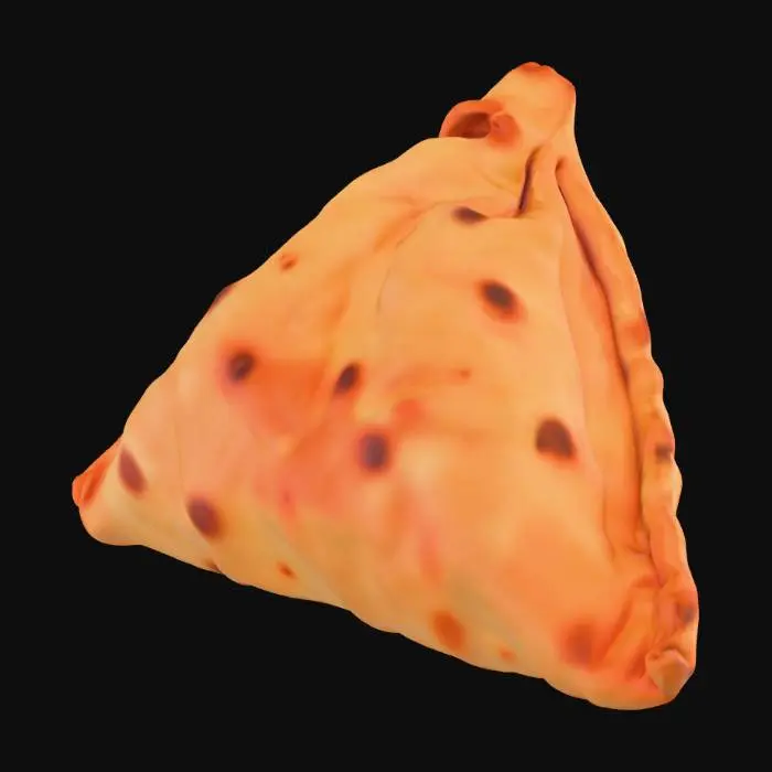 3D model for A highly detailed 3D samosa Indian street food prop, triangular crispy pastry with golden-brown deep-fried texture, subtle oil sheen, realistic flaky layers, slightly rough handmade edges, filled with spiced potato and peas (not visible), authentic Indian snack appearance. Placed as a standalone food prop, centered, neutral pose. Realistic PBR materials, high-resolution textures, clean topology, game-ready asset, no plate, no background, no text. Photorealistic lighting, soft shadows.