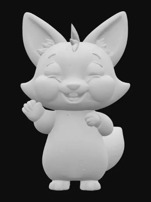 3D model for Create a cute cartoon blue fox cub in a cartoon style. One of his hands should be raised up, greeting. His eyes are closed, and he's smiling. It is pink.