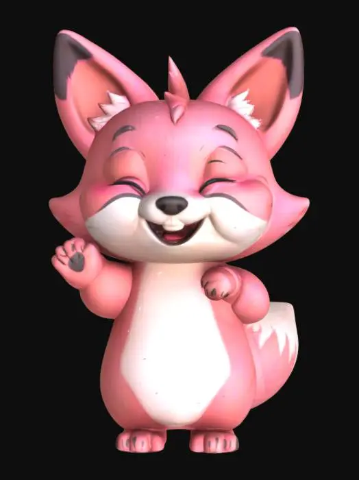 3D model for Create a cute cartoon blue fox cub in a cartoon style. One of his hands should be raised up, greeting. His eyes are closed, and he's smiling. It is pink.
