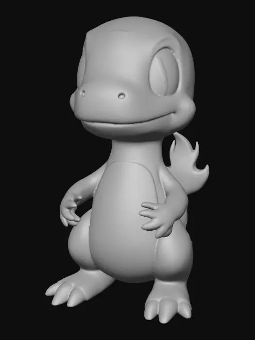 3D model for Charmander, fire-type starter Pokémon, orange lizard, flame tail, hand-painted scales, stylized fantasy creature, cute rounded design, game character model, low-poly 3D