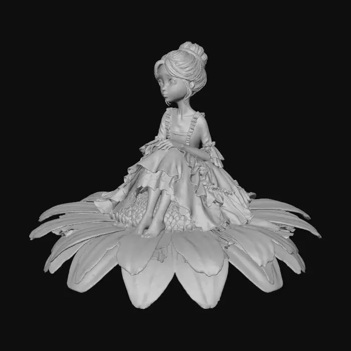 3D model for Eine hauchdünne Elfe. sie trägt ein rosa Ballkleid 18tes Jahrhundert. sie sizt auf einer Magaritenblume. Ihre Haare sind mittelblond. braune Augen. kein lippenstift. Augen nicht geschminkt. sie ist Baarfuß. sie sieht traurig aus. kein Schmuck.