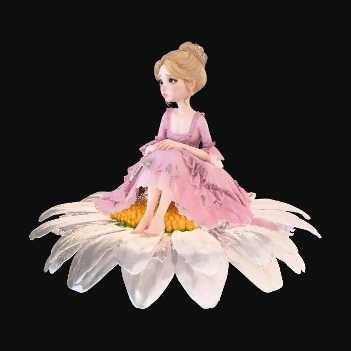 3D model for Eine hauchdünne Elfe. sie trägt ein rosa Ballkleid 18tes Jahrhundert. sie sizt auf einer Magaritenblume. Ihre Haare sind mittelblond. braune Augen. kein lippenstift. Augen nicht geschminkt. sie ist Baarfuß. sie sieht traurig aus. kein Schmuck.