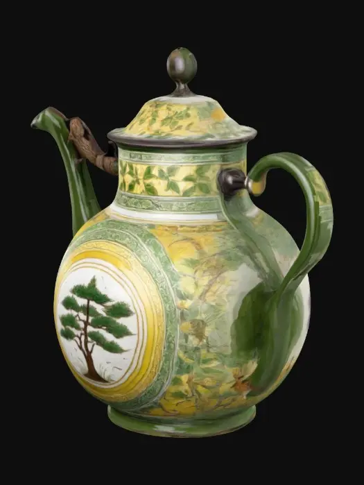 3D model for Wine ewer modelled in the form of the character 'shou' - longevity, with a panel at the centre of each side and a lozenge diaper all round and a basket pattern on the spout and handle. enamelled on the biscuit in green, aubergine, yellow and white. The designs in the panels of cranes, a pine tree, deer and ling-chin fungus reinforce the longevity symbolism