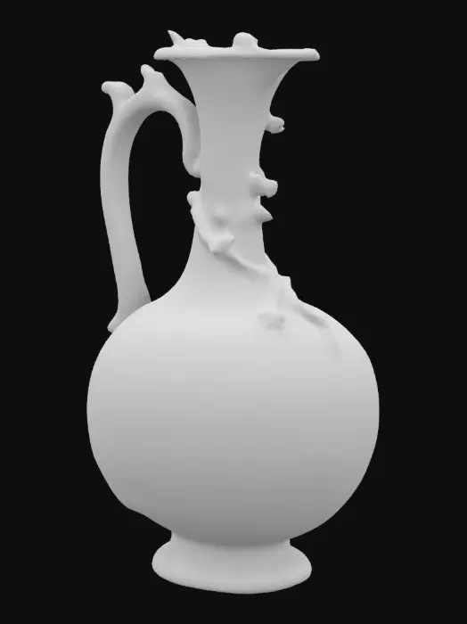 3D model for blue and white pomegranate shaped ewer with long thin spout with foliage attached. the six lobed body is decorated with two figures in landscape in pale silvery blue; on the neck a vine. borders of stiff leaves and vines. the base concave and glazed.