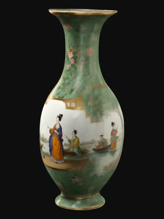 3D model for one of a pair of vases with slender ovoid body, contracted neck and spreading mouth and foot. painted in famille verte enamels with groups of ladies engaged in the four elegant accomplishments, painting, literature, Music and checkers. There is a landscape scene with fishermen around the neck. Trellis pattern diaper band on the shoulder with floral medallions, key-fret at the lip and a band of spirals at the foot. on the base a fungus mark in a double ring.