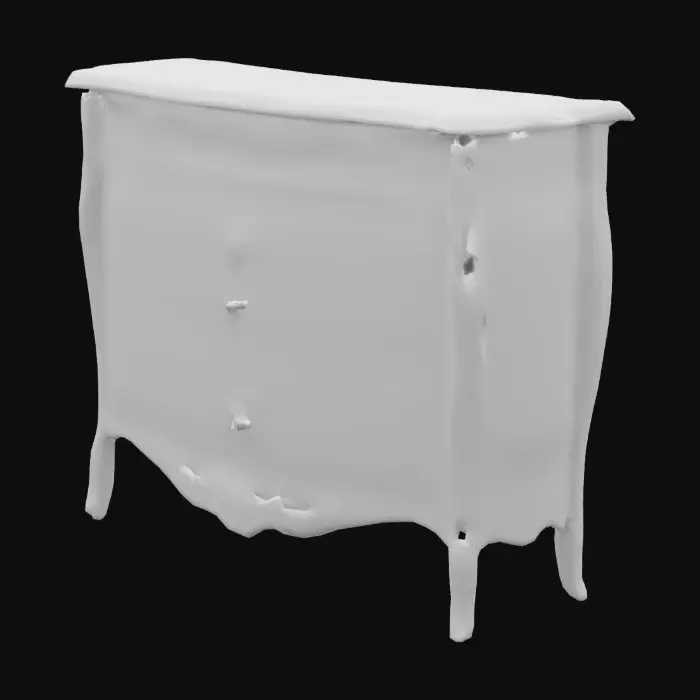 3D model for mahogany and satinwood commode decorated with marquetry of various woods and ormolu mounts. the serpentine top, which has a plain brass border, is decorated with trellis parquetry and an oval medallion. the two doors are ornamented with oval medallions containing sprays of flowers bound by ribbons. the medallions on the sides frame a lion rampant. 