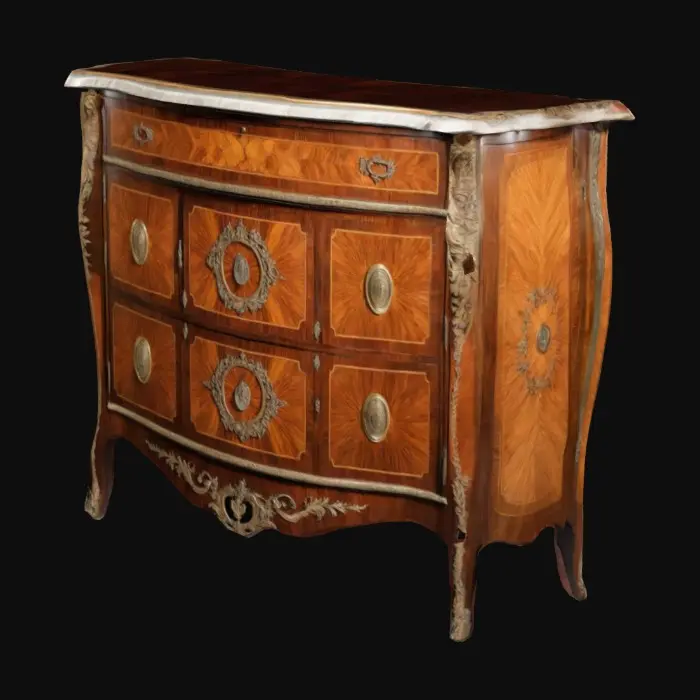 3D model for mahogany and satinwood commode decorated with marquetry of various woods and ormolu mounts. the serpentine top, which has a plain brass border, is decorated with trellis parquetry and an oval medallion. the two doors are ornamented with oval medallions containing sprays of flowers bound by ribbons. the medallions on the sides frame a lion rampant. 