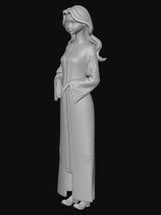 3D model for Create a gentle, humble, and cute female humanoid avatar named Sara Hanbit, inspired by a modernized Korean hanbok with subtle Ethiopian cultural accents. Waist-up view, soft pastel colors with white, cream, light blue, and gold trims, incorporating thin Ethiopian-style geometric patterns on sleeves and collar. Long, slightly wavy hair, warm hazel eyes, soft natural facial features with subtle blush. Calm, friendly, and professional personality, expressive eyes, gentle smile, and natural hand gestures. Semi-realistic style, suitable for an AI virtual assistant, non-mythological, non-religious, culturally harmonious, respectful, approachable, elegant, and warm. Ready for lip-sync and animations.