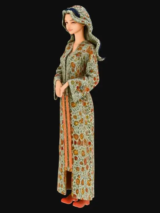 3D model for Create a gentle, humble, and cute female humanoid avatar named Sara Hanbit, inspired by a modernized Korean hanbok with subtle Ethiopian cultural accents. Waist-up view, soft pastel colors with white, cream, light blue, and gold trims, incorporating thin Ethiopian-style geometric patterns on sleeves and collar. Long, slightly wavy hair, warm hazel eyes, soft natural facial features with subtle blush. Calm, friendly, and professional personality, expressive eyes, gentle smile, and natural hand gestures. Semi-realistic style, suitable for an AI virtual assistant, non-mythological, non-religious, culturally harmonious, respectful, approachable, elegant, and warm. Ready for lip-sync and animations.